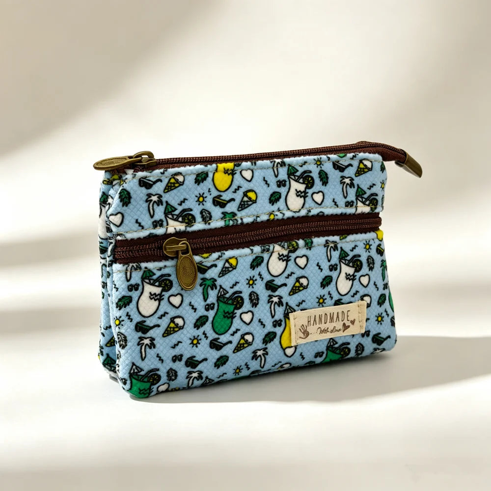 Fresh country-style floral double-printed 4-layer cotton fabric zero wallet for girls - coin bag, keys, ID card bag, card holder