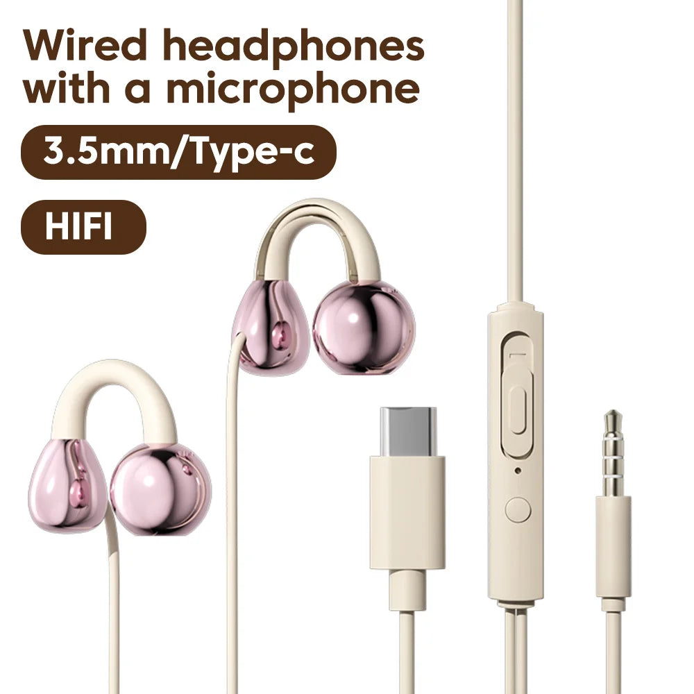 3.5MM/Type C Wired Headphones With Microphone HiFi Sound Ear Clip Wired Earphones Sports Headsets for iphone 15 16 17 Samsung