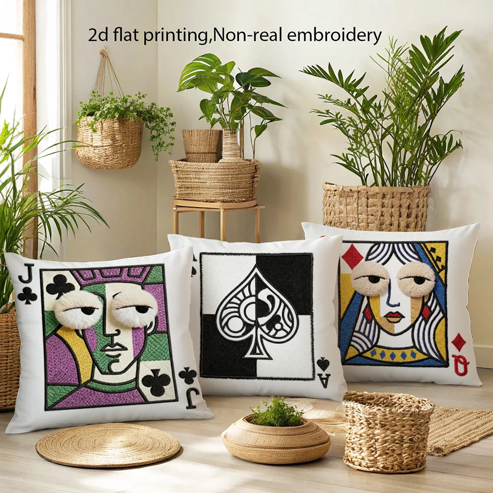 Quirky Game Room Style Pillow Covers, Playing Card Jack Queen King Ace with Plush Face Print Cushion Cases, Cozy Home Decor