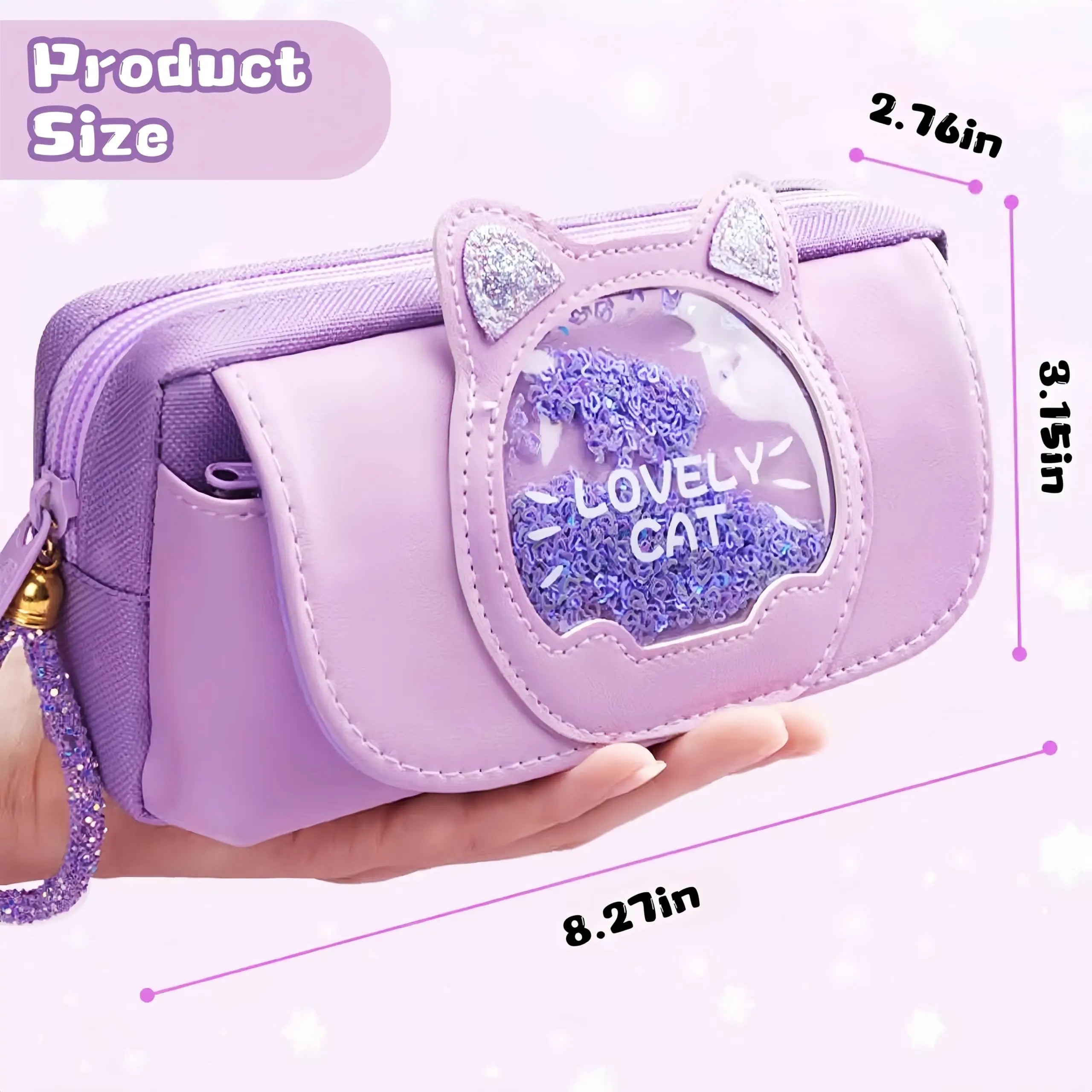 Cute Cat Head Quicksand Pencil Case Exquisite Large Capacity Three-Layer Classification Storage Bag with Handle Purple Pink Blue