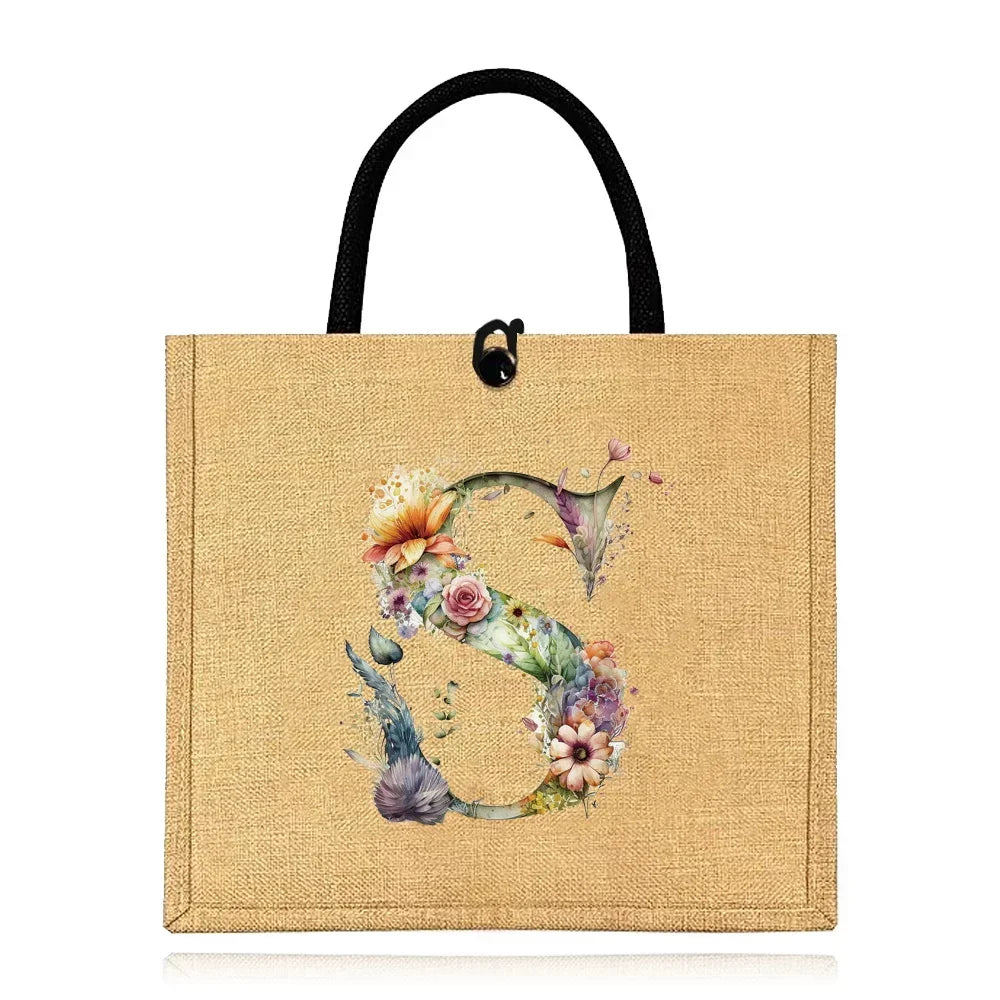 Flax Bag Fastener Handbag Organizer Storage Jute Tote Bags Imitation Cotton Women Valise Portable Floral Letter Printing Series