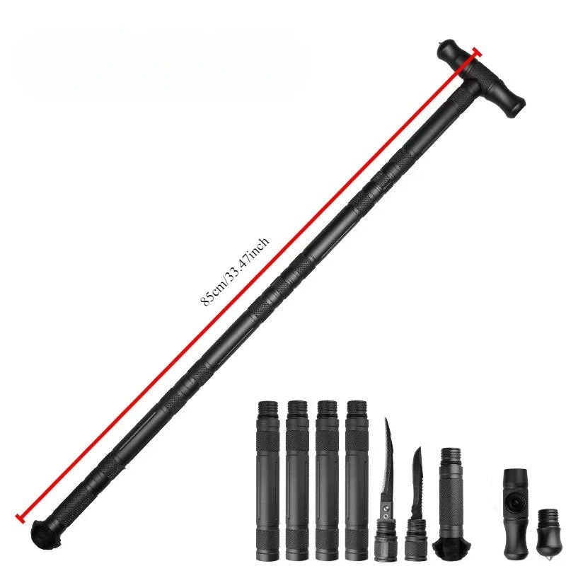 Tungsten Steel Multifunction Alpenstock T-type Self-defense Stick Detachable Walking Sticks Portable Folding Outdoor Camping