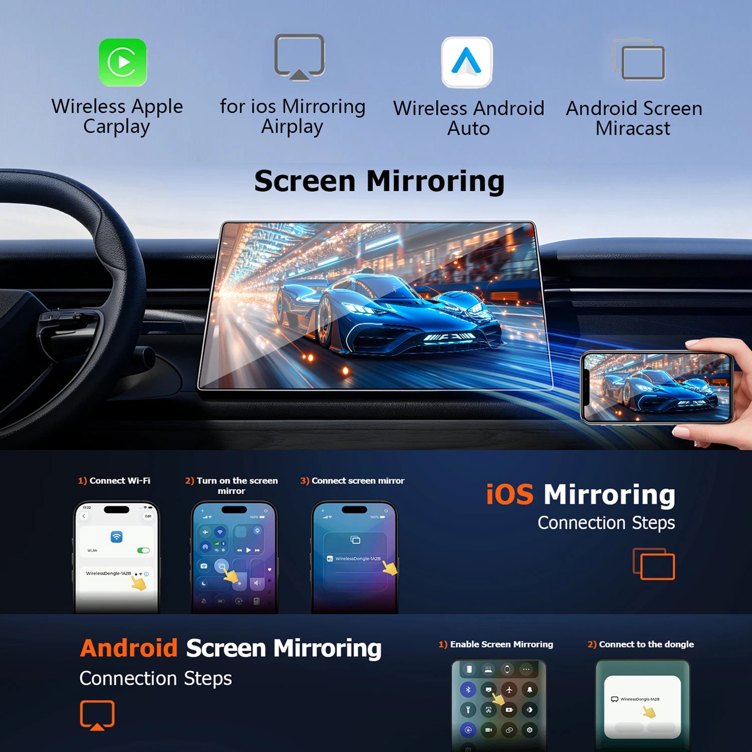 4-in-1 Wireless CarPlay Adapter with Screen Mirroring, Wi-Fi 6, CarPlay & Android Auto, iPhone & Android,Zinc Alloy
