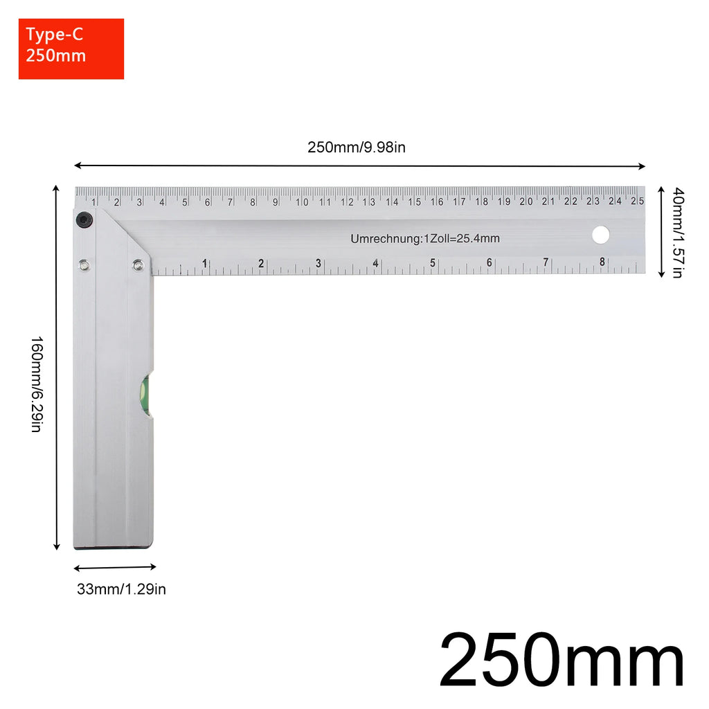 200/250/300mm Aluminum Square Ruler Right Angle 90 Degree Turning Rule Woodworking Measuring Tool Angle Square Carpenter Ruler