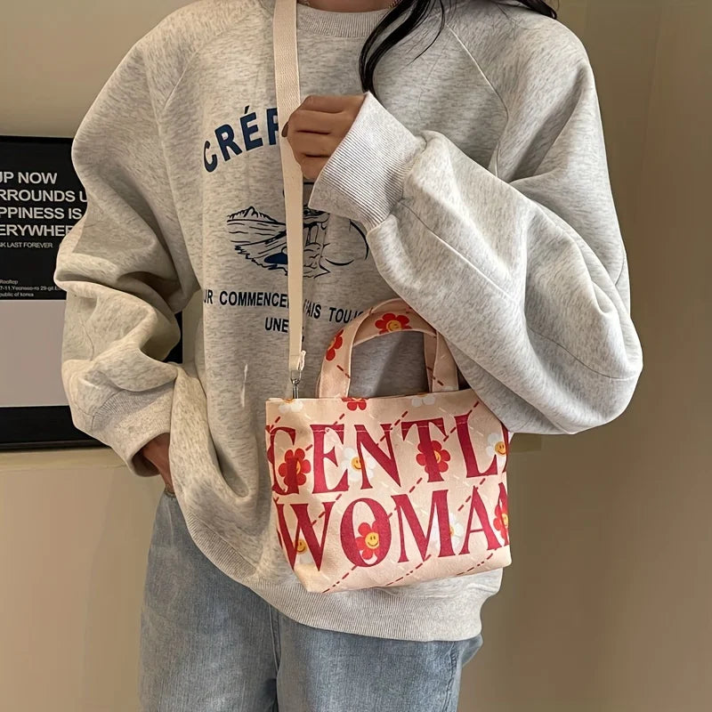 Mini Cute Canvas Crossbody Bag, Kawaii Cartoon Print Tote Shoulder Bag, Women's Fashion Handbags And Purses