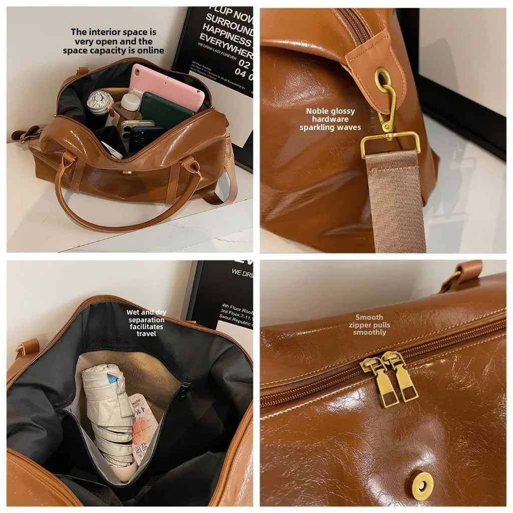 Fashion Large Capacity Handbag Casual Short Trip Travel Bag Holiday Gym Tote Bag, Retro Oil Wax Gloss PU Leather Crossbody Bag