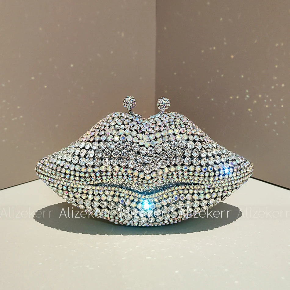 Alizekerr Lips Shaped Diamond Evening Bags Women Gorgeous Boutique Unique Rhinestone Metallic Purses And Handbags Wedding Party