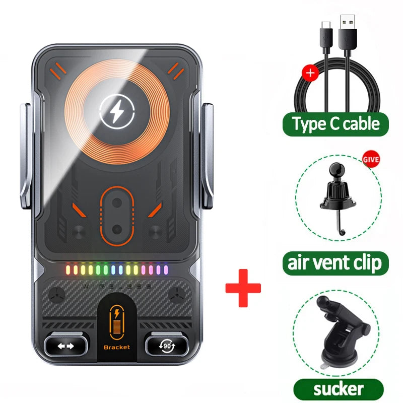 Auto-Clamping Car Wireless Charger Phone Holder Stand Touching 360 Rotation RGB Fast Charging Bracket For iPhone 17-12 Samsung