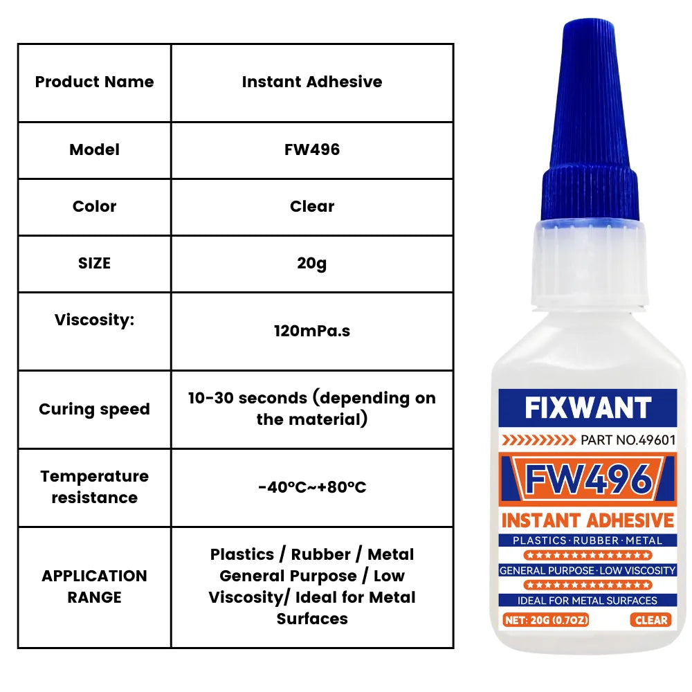 Instant Adhesive FW401/ 403/ 406/ 454/ 460/ 480/ 495/ 496/ 498/ 609 Super Glue Extra Strong Multi-purpose Cyanoacrylate