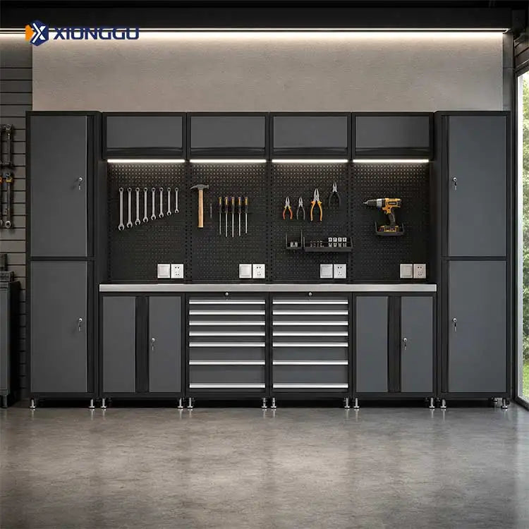 Heavy Duty Industrial Garage Workbench With Pegboard Tool Storage System Modular Cabinet For Automotive Workshop Maintenance