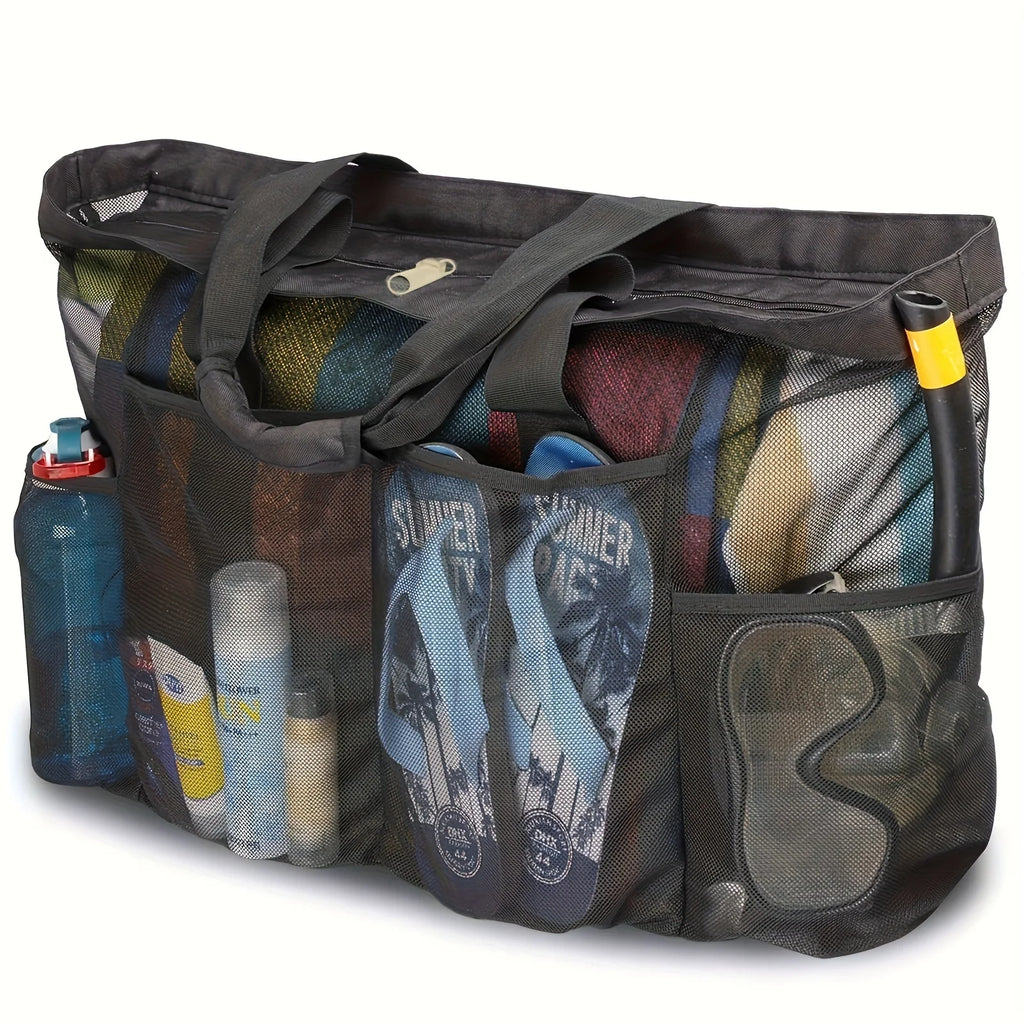 Large Beach Tote Bag, Mesh Pockets, Zipper, Multi Compartments - Durable Nylon for Beach Vacations, Cruises, Outdoor Essentials