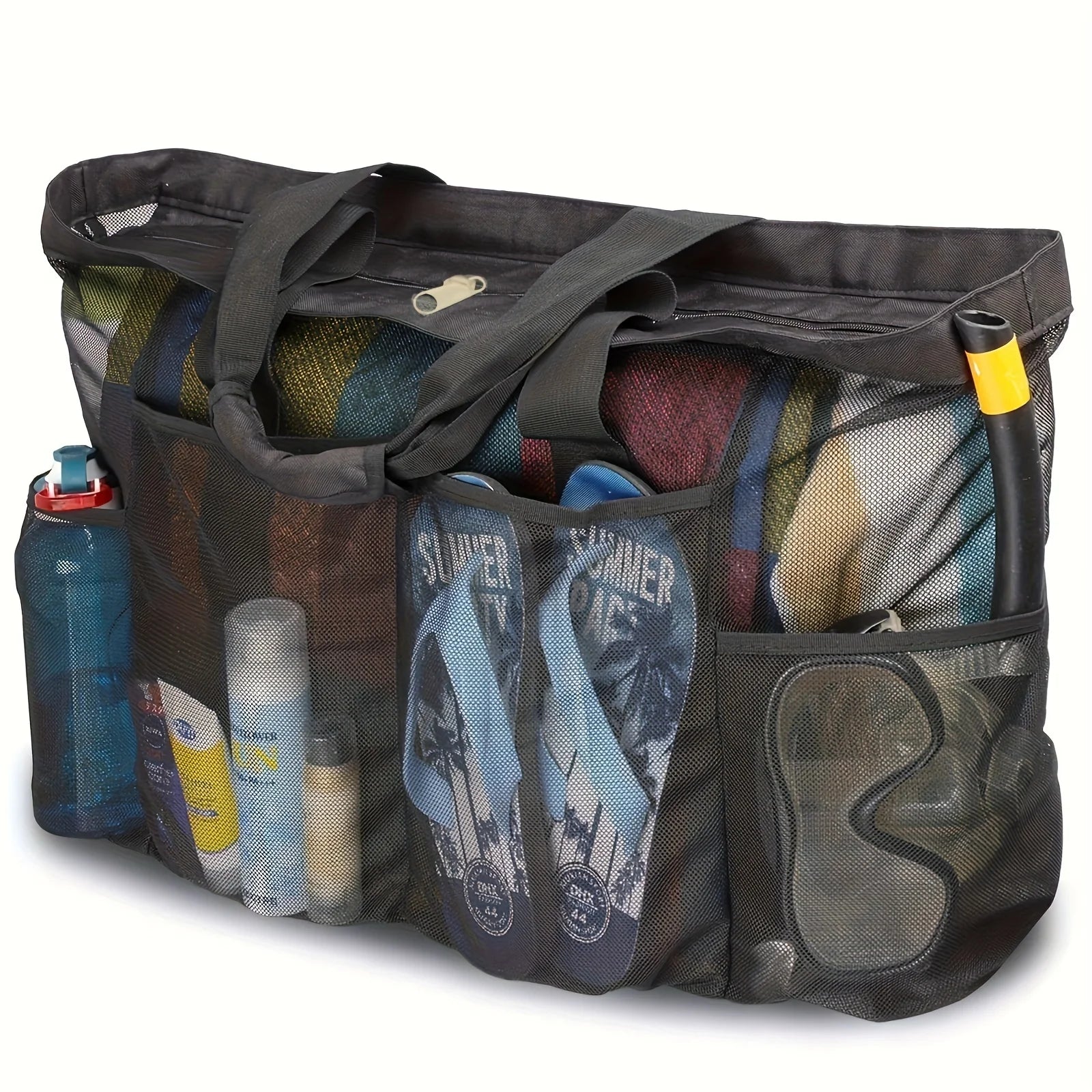 Large Beach Tote Bag, Mesh Pockets, Zipper, Multi Compartments - Durable Nylon for Beach Vacations, Cruises, Outdoor Essentials