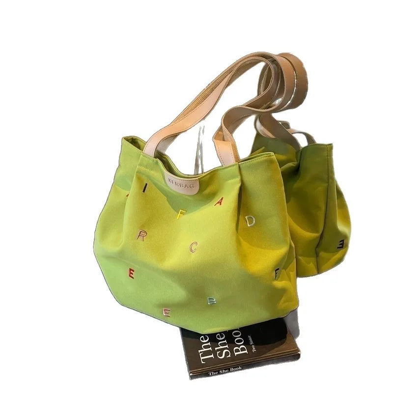 2025 New Canvas Bag Large Capacity Women's Trendy Embroidered Letter Tote Bag Small Fresh Student Shoulder Tote Bag