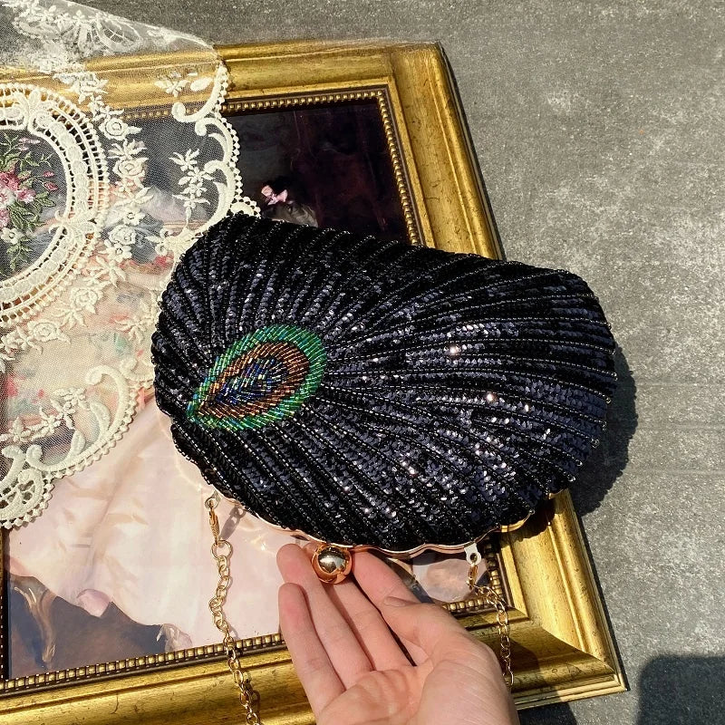 UGALS Chinese Style Bead Embroidery Peacock Shiny Diamond  Handbag Clutch Party Clip-On Shoulder Crossbody Bag