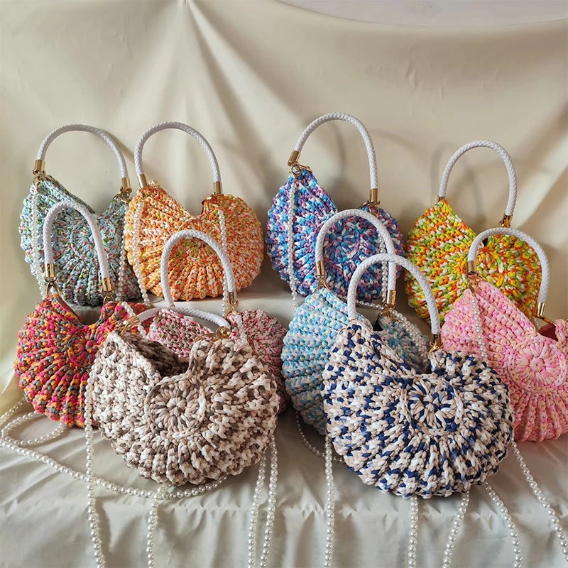 Creative Candy Color Conch Bag For Women Crochet Shoulder Bags Funny Cute Pearls Chains Handmade Weave Crossbody Hobo Shell Bag