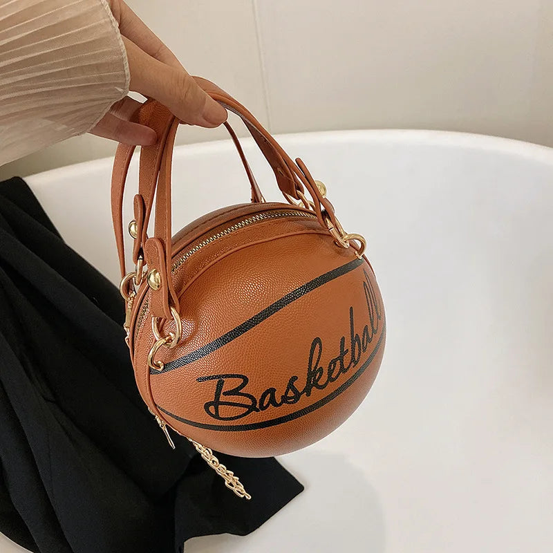 Basketball Shaped Crossbody Bag, Trendy Y2K Chain Shoulder Bag, PU Leather Top Handle Circle Purse Purses and Handbags Hand Bags