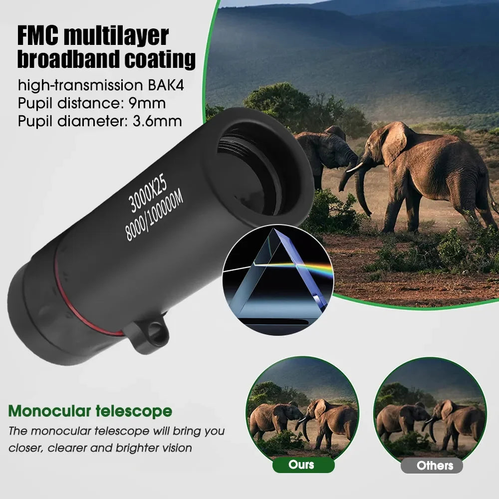 3000x25 Adult Professional HD Remote Monocular & Pocket Mini Portable Telescope for Outdoor Camping and Hunting