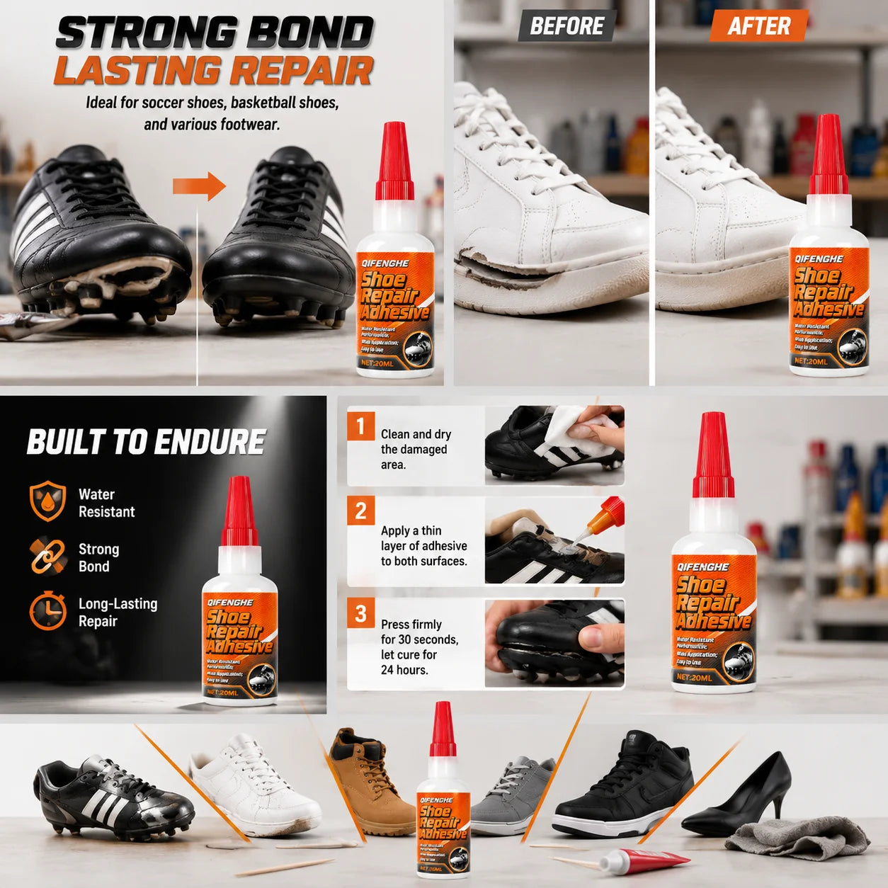 QIFENGHE 20ML Shoe Repair Adhesive, Waterproof Strong Glue for Sneakers Boots, Professional Shoe Repair Glue
