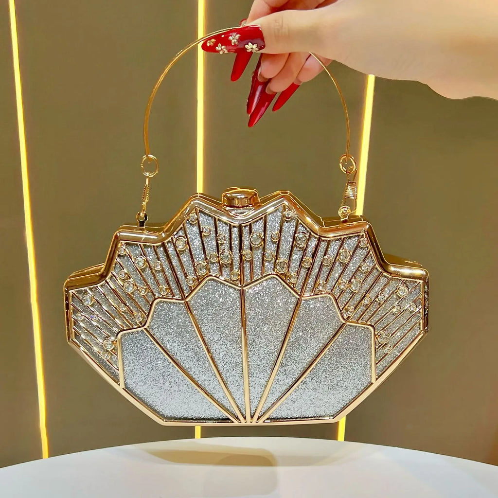 Luxury Fan-shaped Shiny Diamond Studded Women's Evening Bag Creative Branch Design Female Handbag Shoulder Bag for Wedding Party