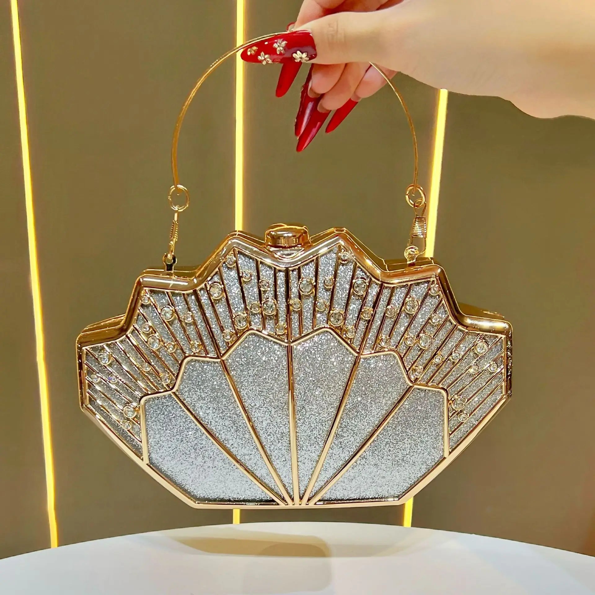 Luxury Fan-shaped Shiny Diamond Studded Women's Evening Bag Creative Branch Design Female Handbag Shoulder Bag for Wedding Party