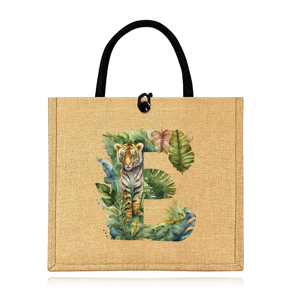 Flax Bag Fastener Handbag Organizer Storage Jute Tote Bags Imitation Cotton Women Valise Portable Jungle Tiger Printing Series
