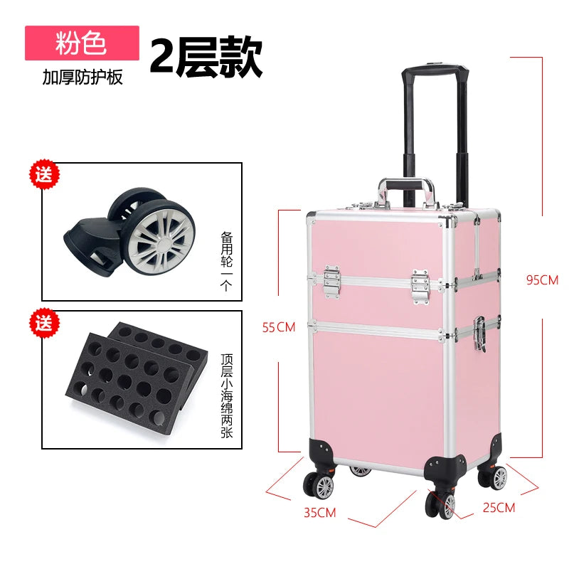 Professional Manicure Suitcases Travel Multilayer Large Capacity Makeup Valises Aluminium Luggage Trolley Tool Box Customized