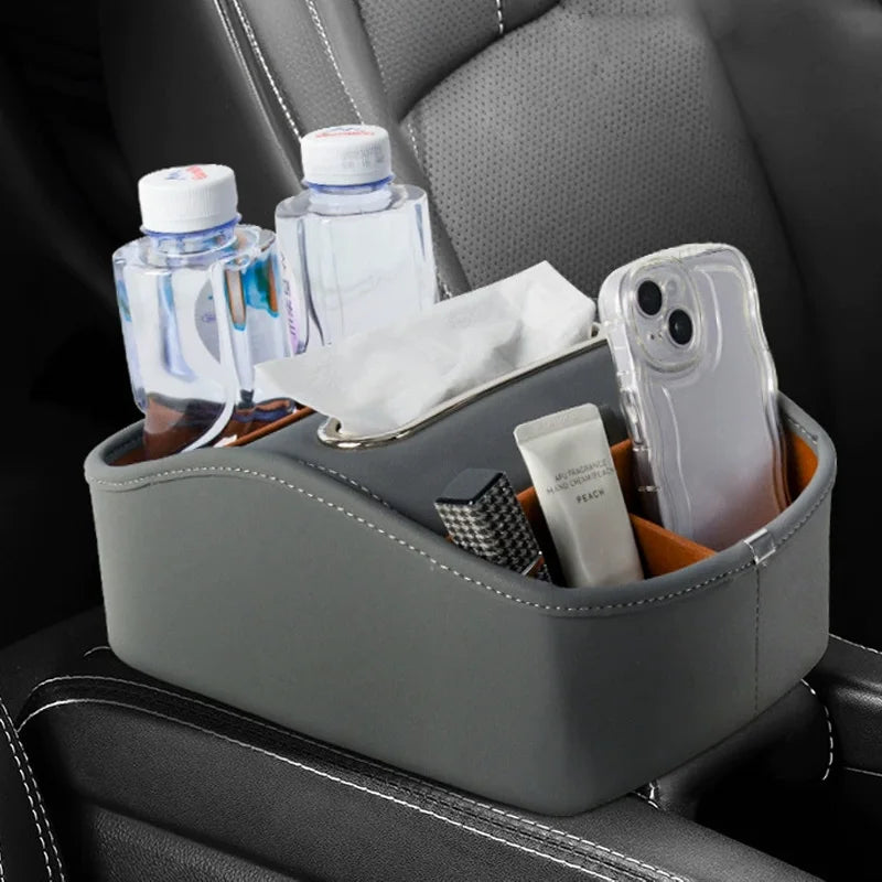 Center Console PU LeatherCup Holder,Car Front Seat Organizer with Compartment Universal Car Armrest Storage Box with Tissue Slot
