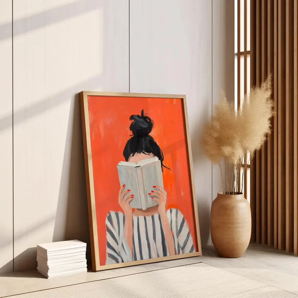 Reading Woman Art Print | Book Poster | Feminine Cozy Wall Art | Bold Orange Art Print | Abstract Contemporary Portrait Art