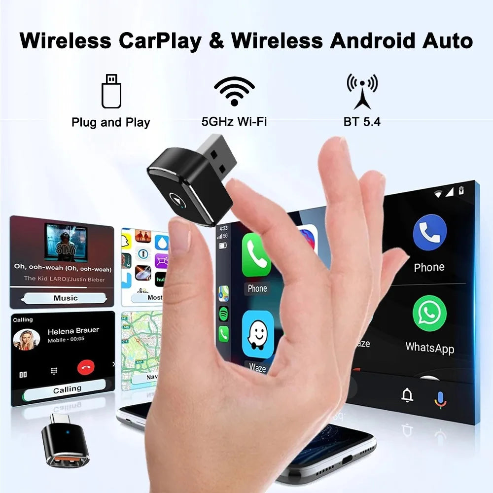 2-in-1 Wireless CarPlay and Android Auto Adapter - Plug-and-play, fast auto-connect, USB/USB-C ports, essential car accessory