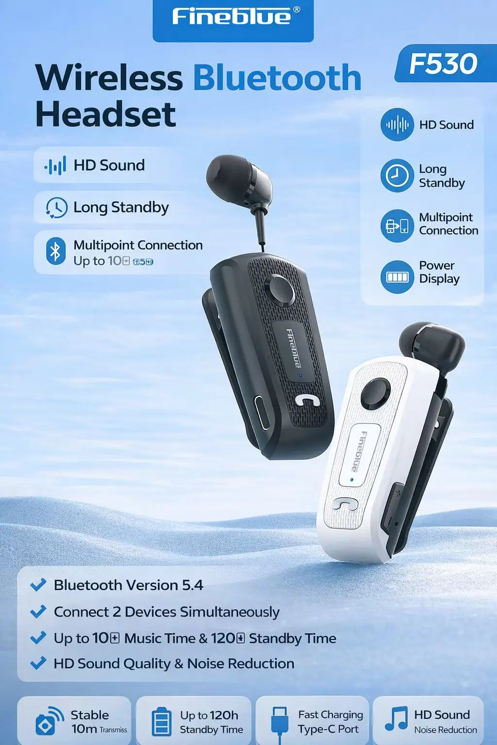 Fineblue F530 pk F920 retractable wireless headphones Bluetooth headphones white with cable clip hands-free earbuds