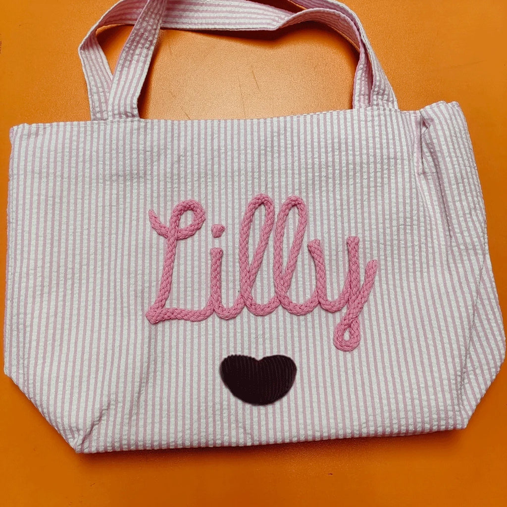Custom Seersucker Cosmetic Handbag and Travel Organizer — Personalized Chenille Letter Toiletry Bag and Summer Beach Tote