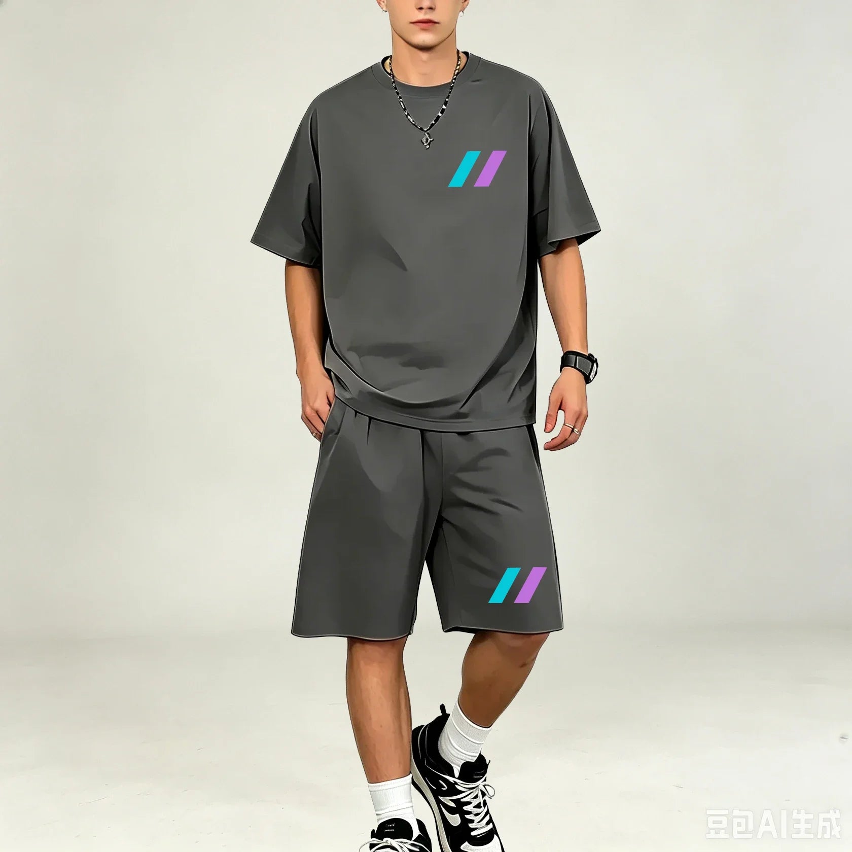 Men T‑Shirts Sets 2‑Piece Suits Relax‑Fit Short‑sleeve Tee And Pocket‑Shorts Sets Breathable Street‑Style T‑Shirts Sets For Guys