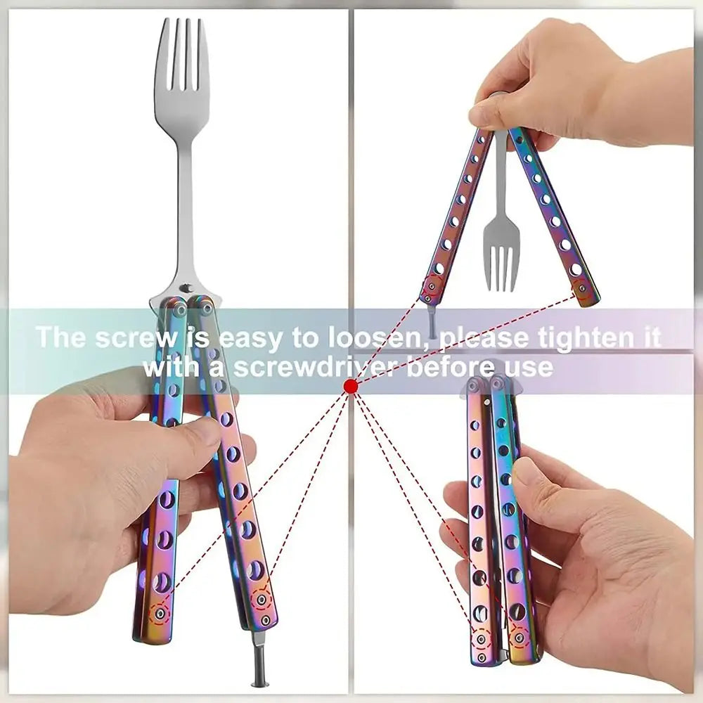 Durable Stainless Steel Butterfly Folding Spoon Fork Practice Training Outdoor Camping Tableware Balisong Training Tool