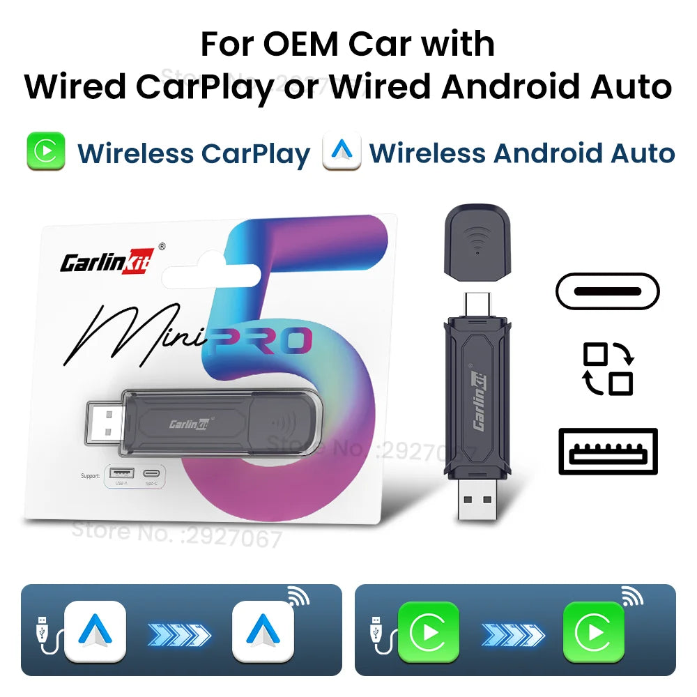 CarlinKit Baidu CarLife to CarPlay Wireless Adapter Android Auto 2 in 1 Mini Box USB Plug and Play 5.8Ghz WiFi Seamless Connect