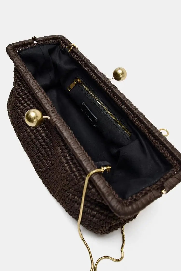 Handmade Woven Clutch Bag For Women Coffee Raffia Handbag with Chain Crossbody Summer Beach Bag