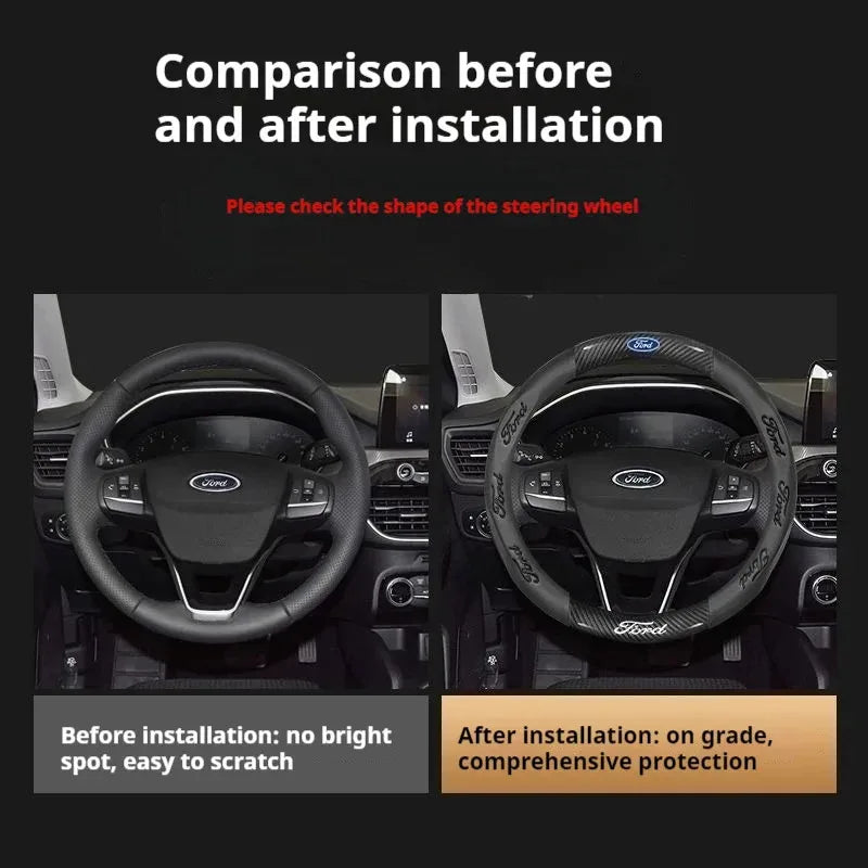 For Ford Mondeo Focus Raptor Puma Edge Explorer Ecosport Ranger F150 Kuga Car AntiSlip Carbon Fiber Leather Steering Wheel Cover