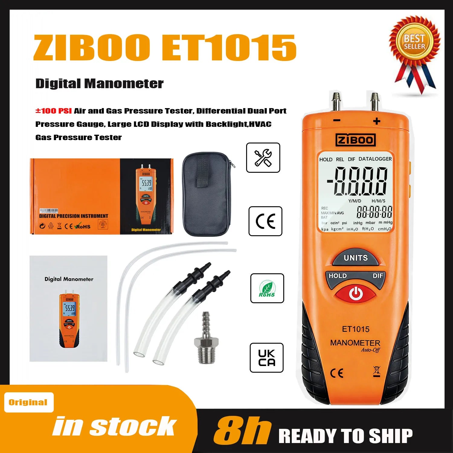 ZIBOO ET1015 Digital Manometer, Dual Port Differential Pressure Gauge, ±100 PSI Air and Gas Pressure Tester.