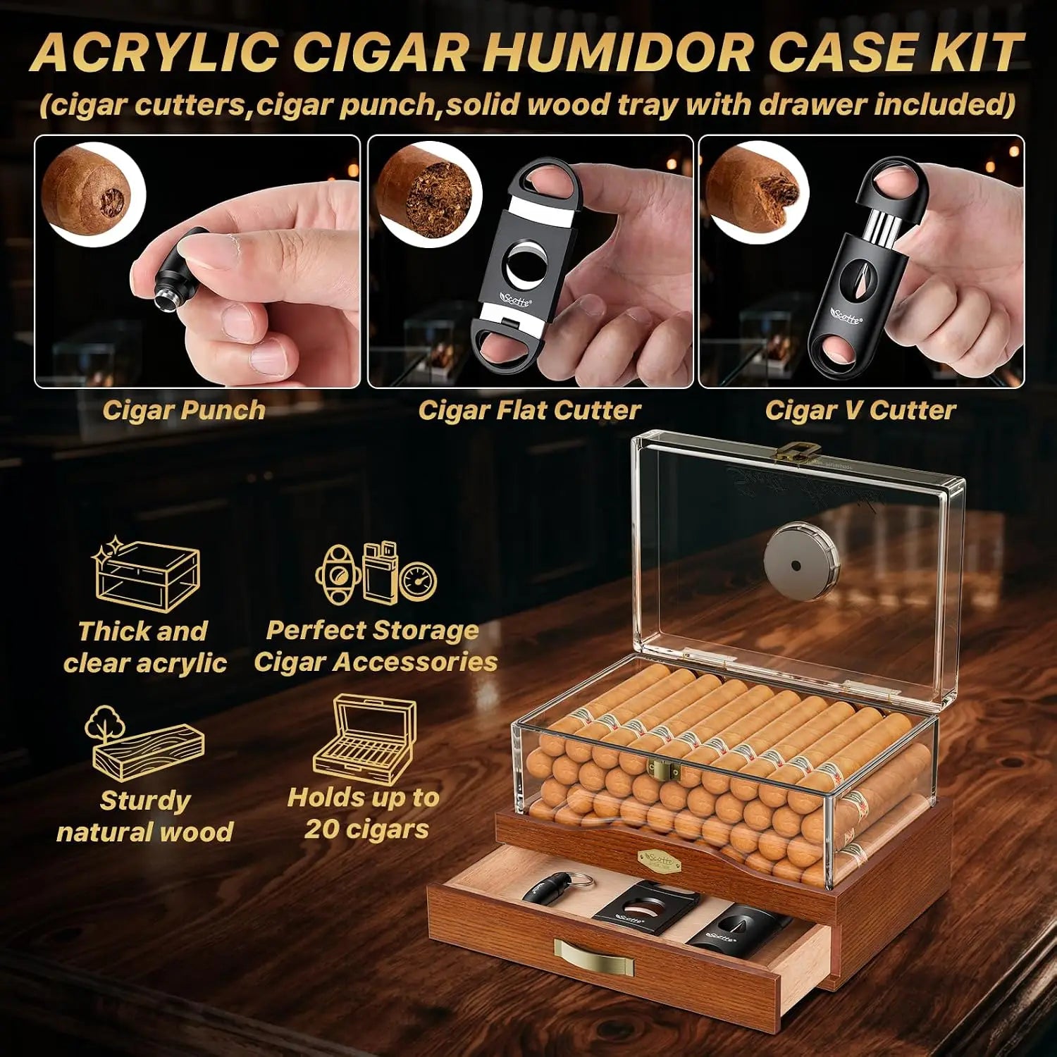Acrylic Desktop Cigar Humidor with Hygrometer&Humidifier, Humidor Kit Include Cigar Cutter Cigar Punch Cedar Wood Piece