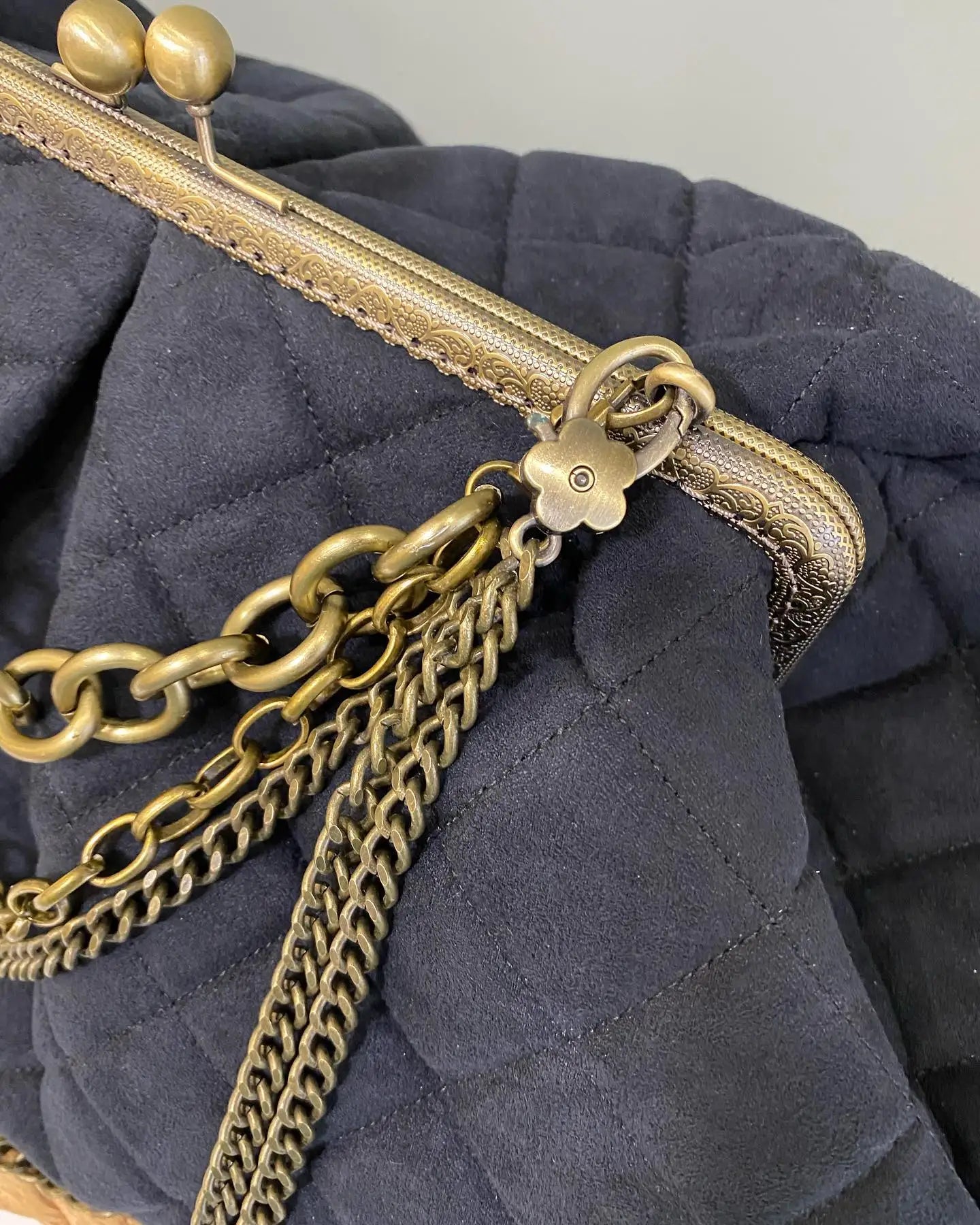 LOST IN VINTAGE Leopard Print Cotton Fabric Soft Puffy Soild Bag Balls Bronze Kiss-lock Large Purse Frame Clutch 40x24x10cm