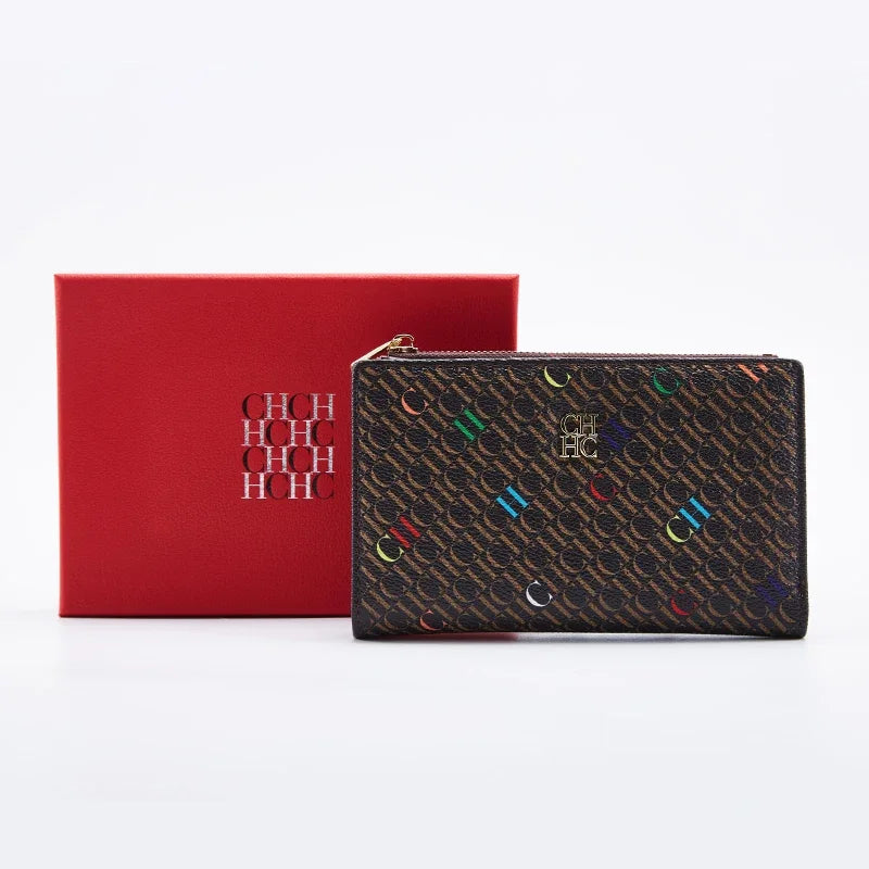 CH Wallet Monogram Print Long Zipper Purse With Box Card Holder Fashion Clutch For Women Daily Use Travel Shopping Casual