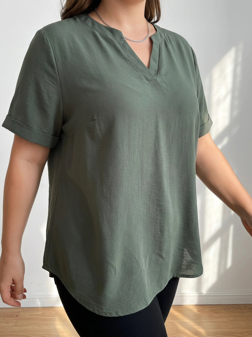 Rosa Fera Plus Size Women V Neck Short Sleeve Loose Fit Solid Color Casual Blouse Top