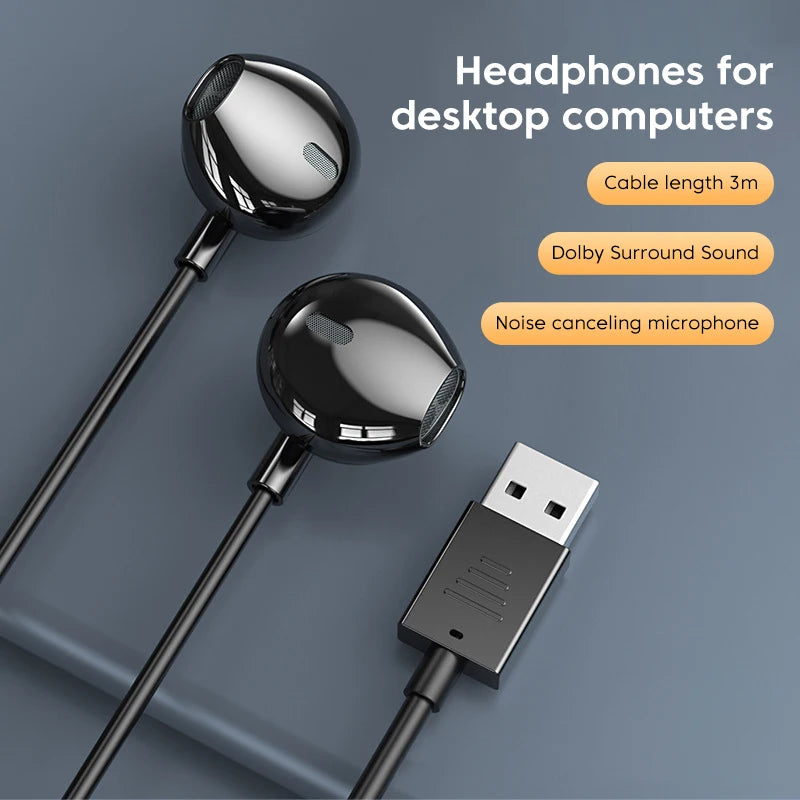 3M Long USB Wired Headphones In-ear Earphones With Mic USB-A Cable Handsfree Headset Gaming USB Earbuds For Desktop Laptop PC