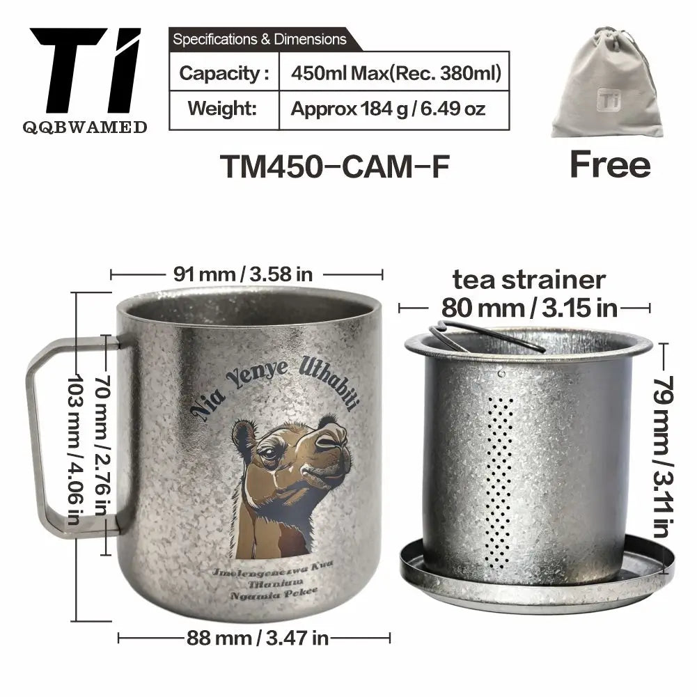 Titanium Mug Double-Layer Anti-Scald Titanium Cup Camping Coffee Cup 450ml Cat and Dog Themed Couple's Cup