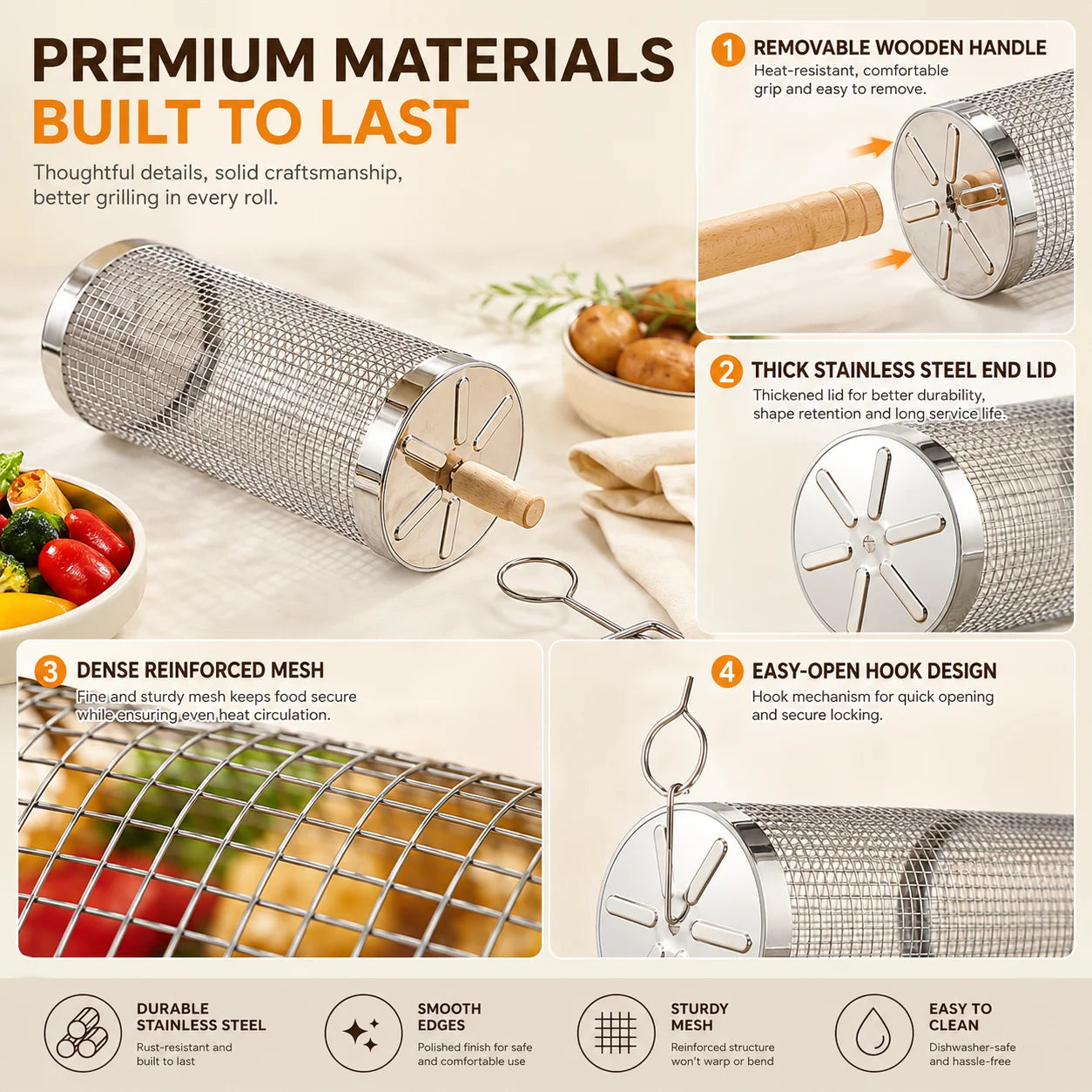 4/6/8 Pack Stainless Steel Rolling Grilling Basket Set Wooden Handle Outdoor Camping BBQ Vegetable Meat Grilling Accessories