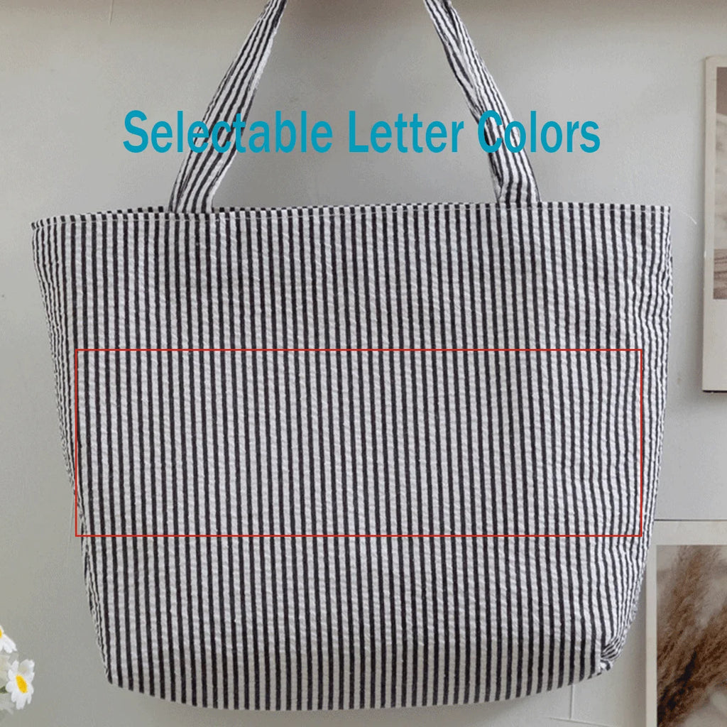Custom Seersucker Cosmetic Handbag and Travel Organizer — Personalized Chenille Letter Toiletry Bag and Summer Beach Tote