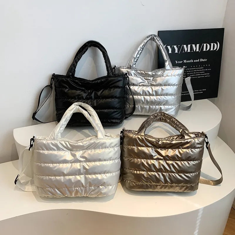 Puffer Quilted Tote Crossbody Bag Adjustable Wide Shoulder Strap Large Capacity Satin Down Handbag for Women Daily Use Commute