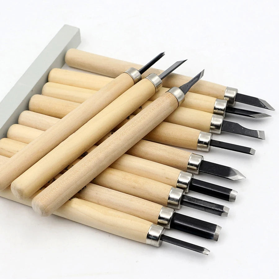 6-12pcs High Manganese Steel Engraving Knife with Wooden Handle Professional Handmade Wood Carving Chisel Tools Kit