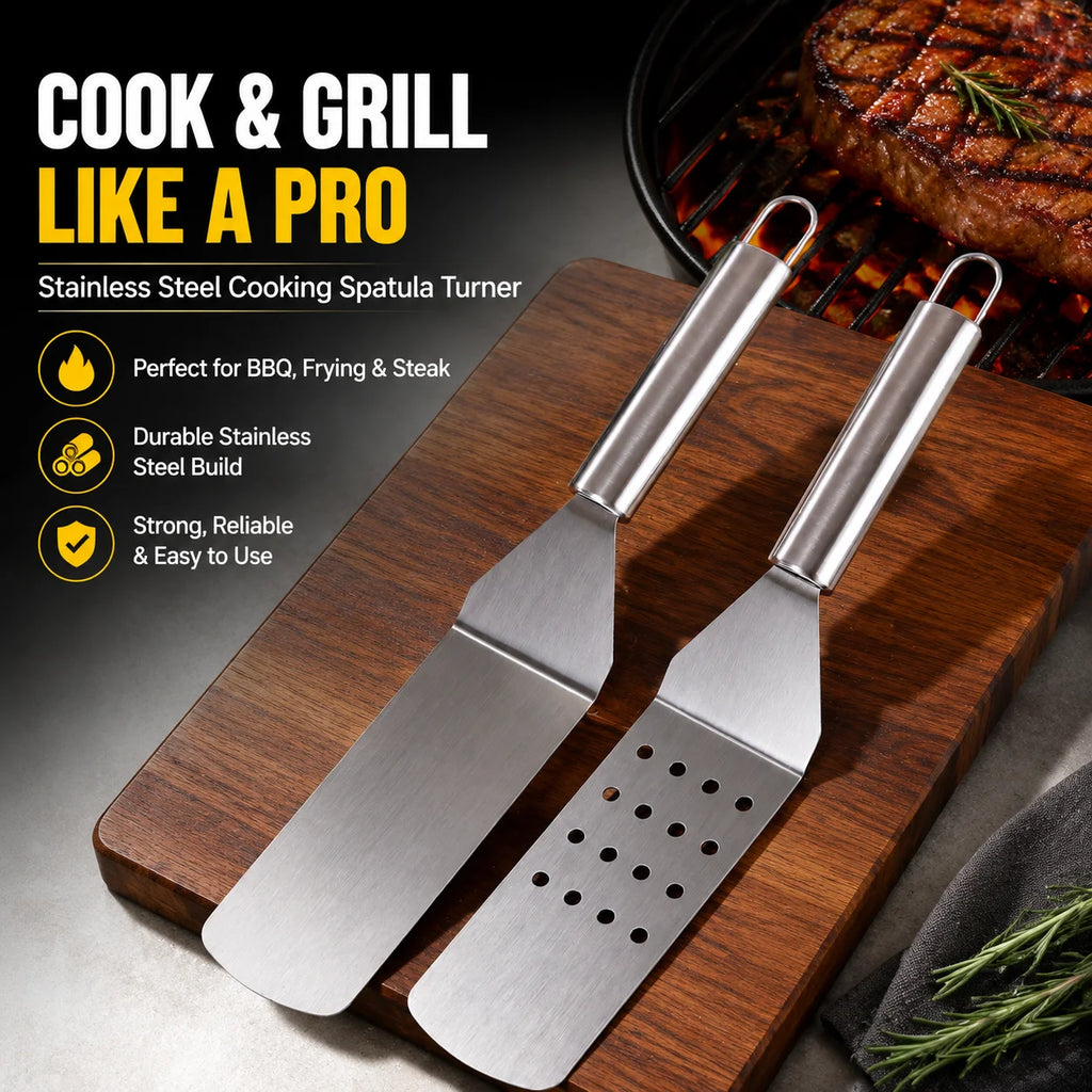 Stainless Steel Cooking Spatula Turner for BBQ, Frying, and Steak Kitchen Utensil