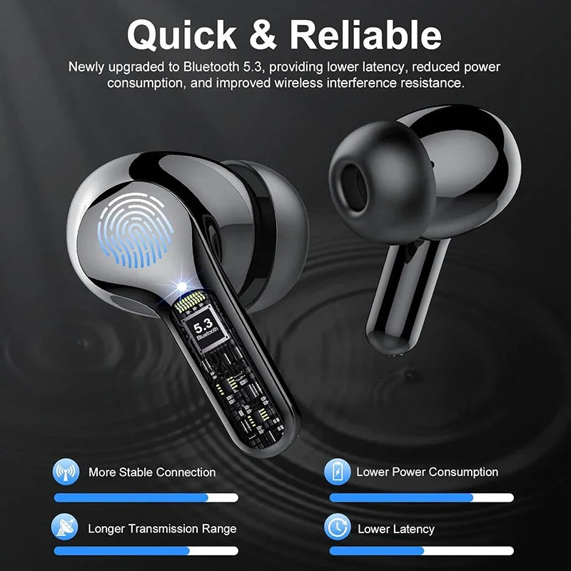 HiFi Stereo Wireless Earbuds BT5.3 Headphones Ear Buds with Mic 48H LED Display ENC Noise Cancelling IP7 Waterproof Earphones