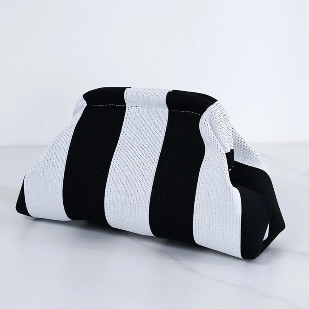 Elegant Woven Crochet Purses Large Capacity Striped Pattern Beach Clutch Handbags Woven Texture Colorblock Design